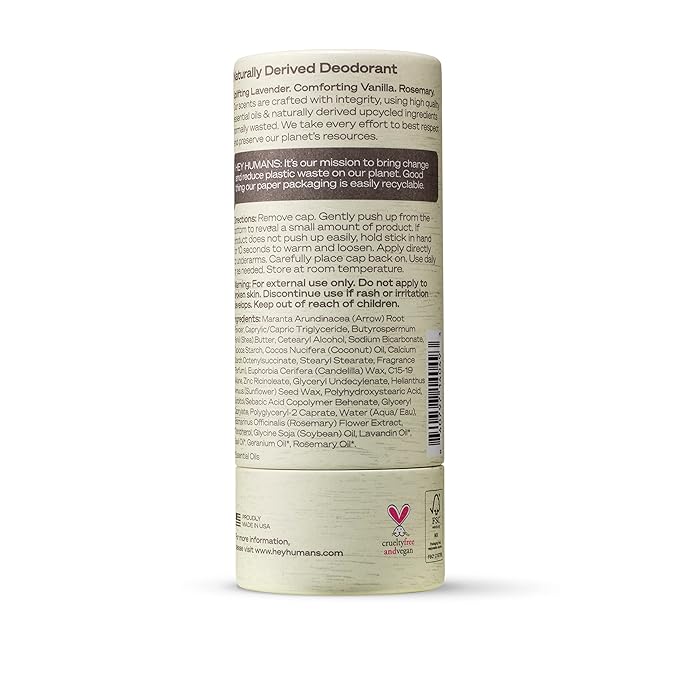 Hey Humans Deodorant, Aluminum Free Deodorant for Women and Men, Contains Naturally Derived Ingredients, All Day Odor Control, Refreshing Deodorant Essential Oils, Pack of 2, Lavender Vanilla