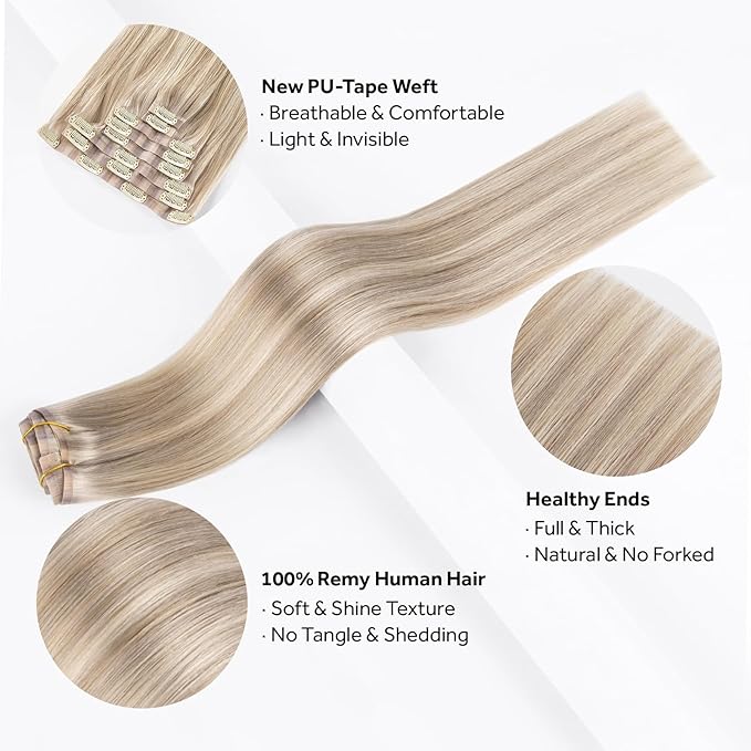 Clip in Hair Extensions Real Human Hair Seamless Clip Ins 100% Remy Hair Extensions PU Skin Weft Add Volume Ash Blonde Highlights Thick&Invisible #P18/613 16Inch 120G 8PCS