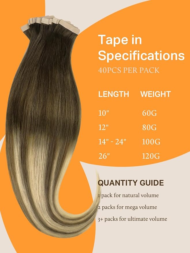 DOORES Tape in Human Hair Extensions, 24 Inch, 100g, 40pcs, Remy Hair, Straight, Walnut Brown to Ash Brown and Bleach Blonde