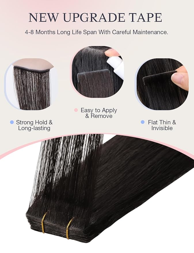 DOORES Invisi Edge Tape in Hair Extensions Human Hair, Natural Black 10 Injection Tape-ins with 10 Classic Tape-ins 50g 20 Inch, Injected Tape in Extensions Virgin Human Thick Ends