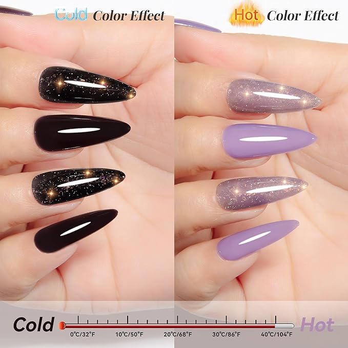 YTD Likomey Color Changing Gel Nail Polish 2 Pcs Set,15ml Grayish Purple to Black Pure Color and Brocade Glitter Kit,Fall Winter Thermal Ombre Change Colors Manicure UV Varnish,2 Pcs 15ml,WB2-05