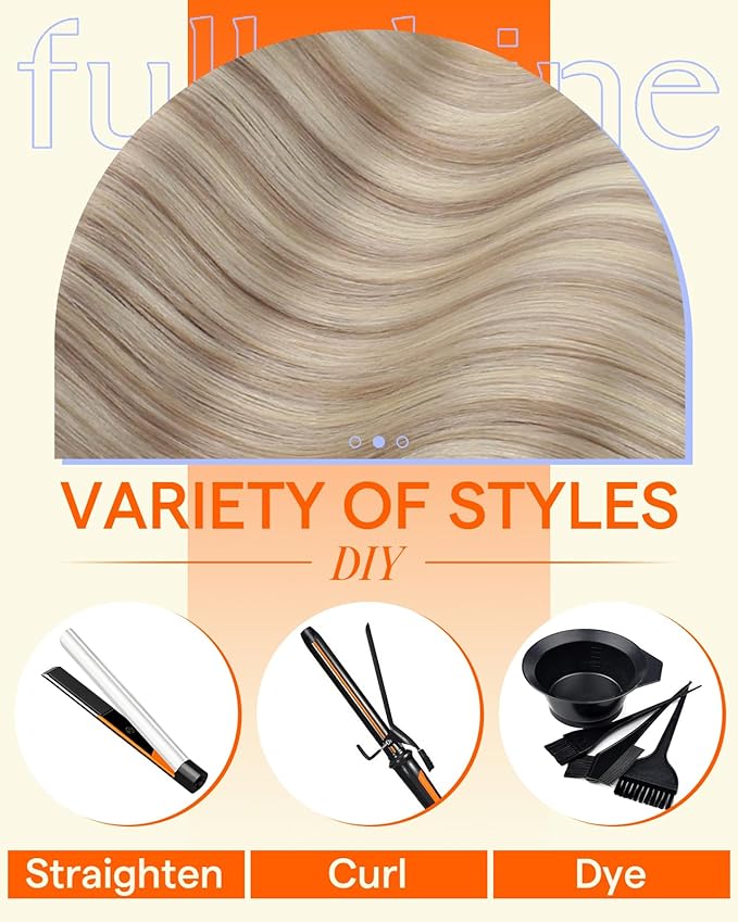 Full Shine Invisi Edge Clip in Hair Extensions Ash Blonde Highlighted Golden Blonde Injected Seamless Clip in Hair Extensions PU Skin Weft 16 Inch 6 PCS 120 Grams
