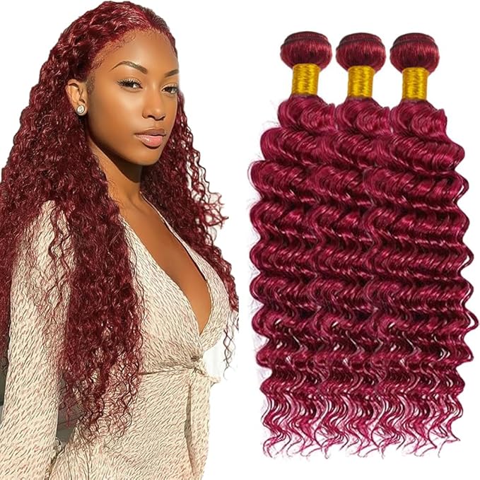 99J Burgundy Bundles Human Hair Red Deep Wave 3 Bundles 28 30 32 Inch 150g 8A Brazilian Virgin Hair Extensions 99J Deep Wave Bundle Red Color