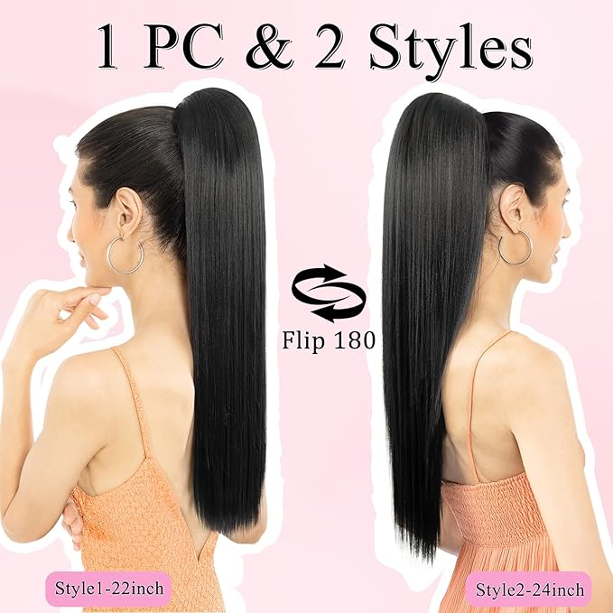 Ponytail Extension, 24" Long Straight Claw Clip Ponytail Extension clip on ponytails hair clip Hair claw clip Fake Ponytail Hairpieces for Women - Black