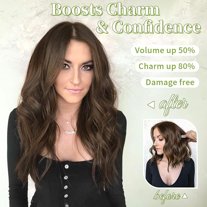 KooKaStyle Invisible Wire Hair Extensions with Transparent Wire Headband Adjustable Size 4 Secure Clips Long Wavy Hairpiece 16 Inch Medium Brown/4# for Women