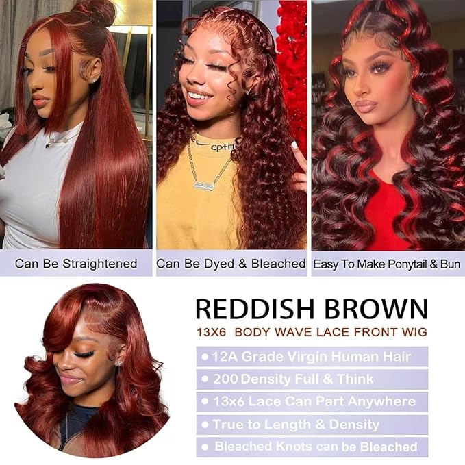 22 Inch Reddish Brown Wig Human Hair 13x6 Body Wave Lace Front Wigs HumanHair 200% Density HD Transparent 33# Lace Frontal Wigs Pre Plucked With Baby Hair Brownish Red Wig For Women