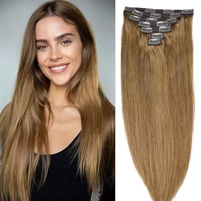 16" Clip in Human Hair Extensions Full Head 130g 7 Pieces 16 Clips 8# Light Brown Double Weft Brazilian Real Remy Hair Extensions Thick Straight Silky (16" 130g, Light Brown)