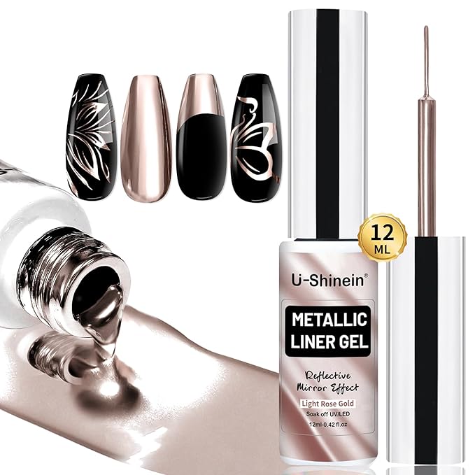 12ml Metallic Painting Gel Liner Nail Art 3D Mirror Chrome Effect Nail Polish Metal Painted Drawing Build in Thin Brush Soak Off UV/LED Light Rose Gold Gel for Nail Art DIY Manicure
