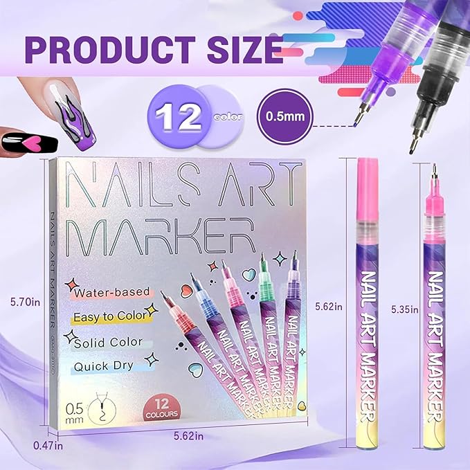 12 Color Nail Art Pens 0.5 MM Nail Polish Pens Set Drawing Painting Point Liner Acrylic Painted Pen Kit Waterproof and Quick-drying Nail for DIY Nails Art Design Manicure Tools (Pattern Templates)