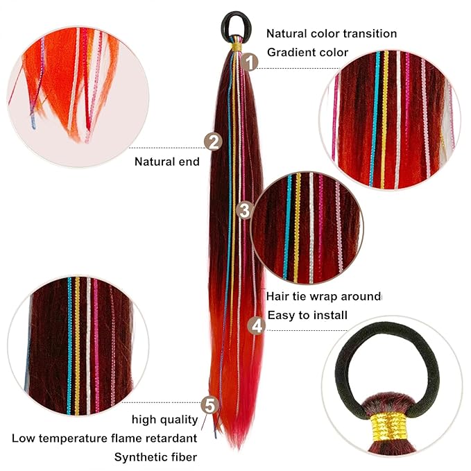 2 Pack Braid Ponytail Extensions, 26 Inch Braided Ponytail Wig with Elastic Tie for Girls (Black/Red#, 26 Inch (Pack of 2))