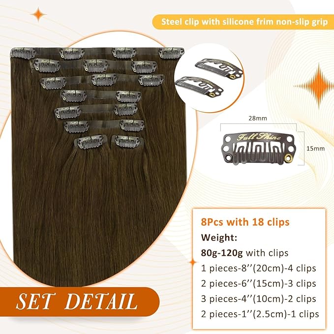 Full Shine Seamless Clip in Hair Extensions Human Hair Mocha Brown Human Hair Extension Clip ins Brown Straight Soft Hair for Women 18 Inch 8 PCS 120 G
