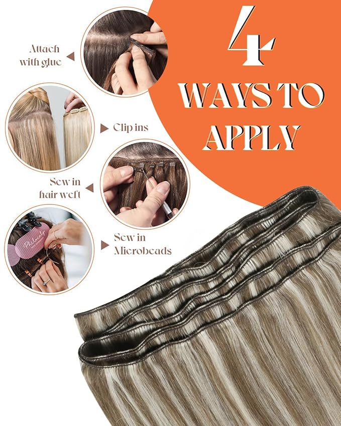 Sunny Hair Sew in Hair Extensions Real Human Hair Highlights Hair Wefts Human Hair Sew in Light Brown Mix Platinum Blonde Human Hair Weft Extensions For Women Real Hair Add Length 22inch 100g
