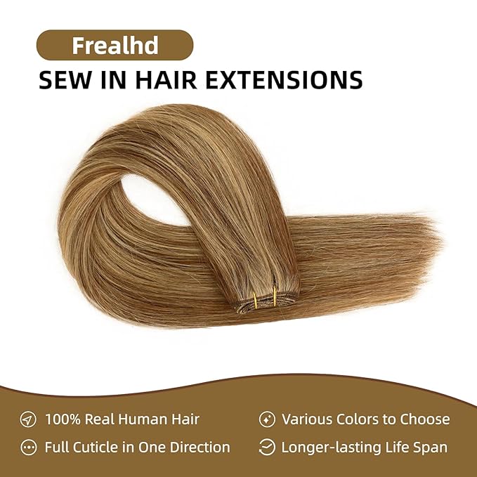 Sew in Hair Extensions Real Human Hair, 110g 20 inch Medium Brown Highlight Honey Blonde Weft Hair Extensions Remy Straight Weave Bundles