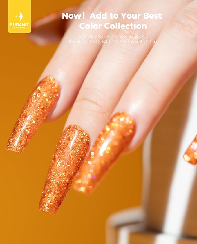 BURANO Glitter Gel Nail Polish - LED UV Curing, Holographic Effect, No Chip Sparkle Gel, Home DIY Nail Salon (Fall LP39)