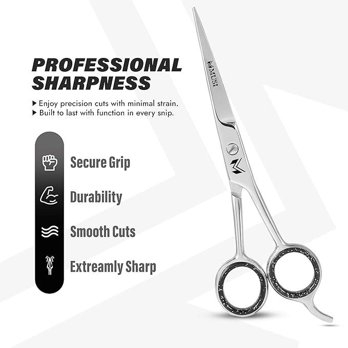 MUSI Hair Scissors 6.5" – 420 Japanese Stainless Steel Standard Hair Cutting Scissors – Premium Barber Shears for Professional Haircut – Silver Sharp Shears with Hair and Beard Comb