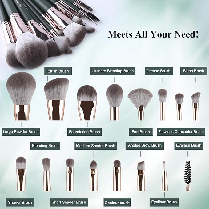 Makeup Brushes, Daubigny 16Pcs Complete Green Premium Synthetic Makeup Brush Set with Professional Foundation Brushes Powder Concealers Eye shadows Blush Makeup Brush for Perfect Makeup