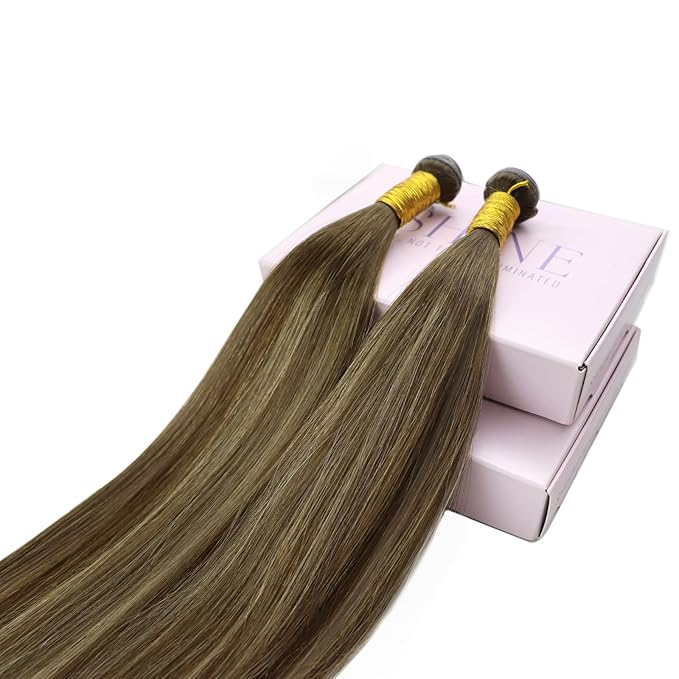 Fshine Balayage Genius Weft Hair Extensions Human Hair 18 Inch Medium Brown Fading to Caramel Blonde Sew in Hair Extensions Straight Real Human Hair Genius Weft Hair Bundles Full Head 50 Grams