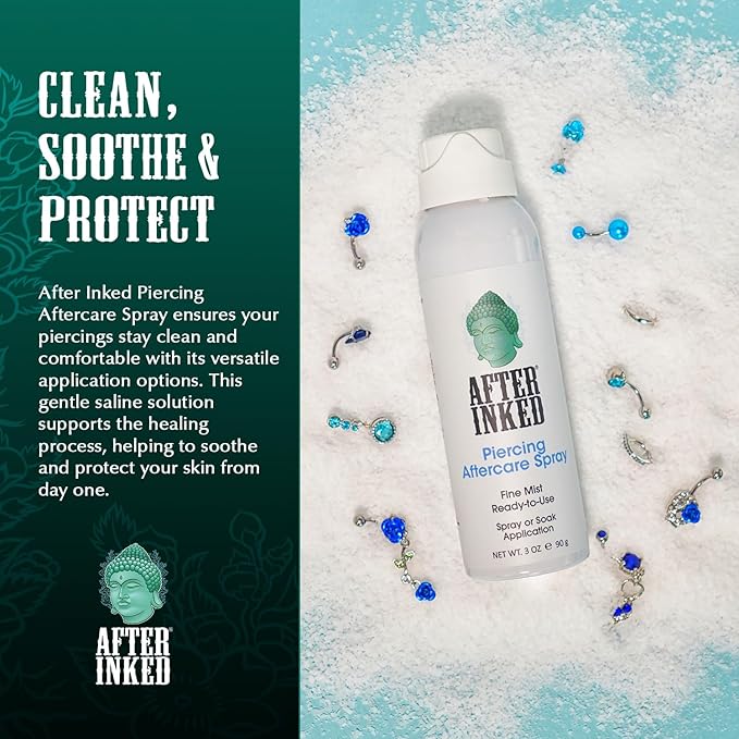 After Inked Piercing Aftercare Spray – Fine Mist, or Soak Application with Saline Solution for Ear, Nose, Belly Button, and Skin Piercings, Cleansing & Moisturizing Solution in Spray Bottle, 3 oz