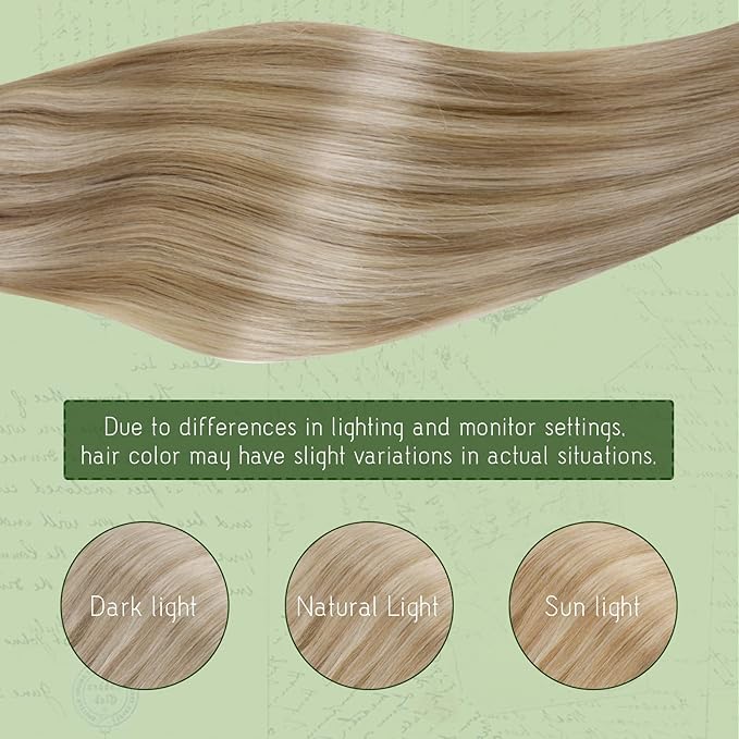 RUNATURE Blonde Clip in Hair Extensions, Real Human Hair Clip in Extensions, Thick Remy Natural Hair for Women, Full Head, Easy to Install, 14 Inch 120g 7pcs, #16P22 Beige Blonde Highlights