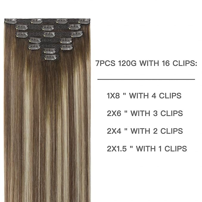 Hair Extensions Human Hair 16inch Clip in Extensions Balayage Walnut Brown to Ash Brown Mix Light Blonde Ombre Double Weft Real Human Remy Hair 120g 7pc