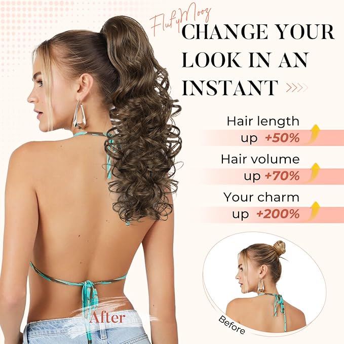 Flufymooz Ponytail Extension, 18 inch Wavy Curly Claw Clip Ponytail Extension Clip on Ponytails Natural Synthetic Hairpiece for Women Daily Wear (Ginger Brown)