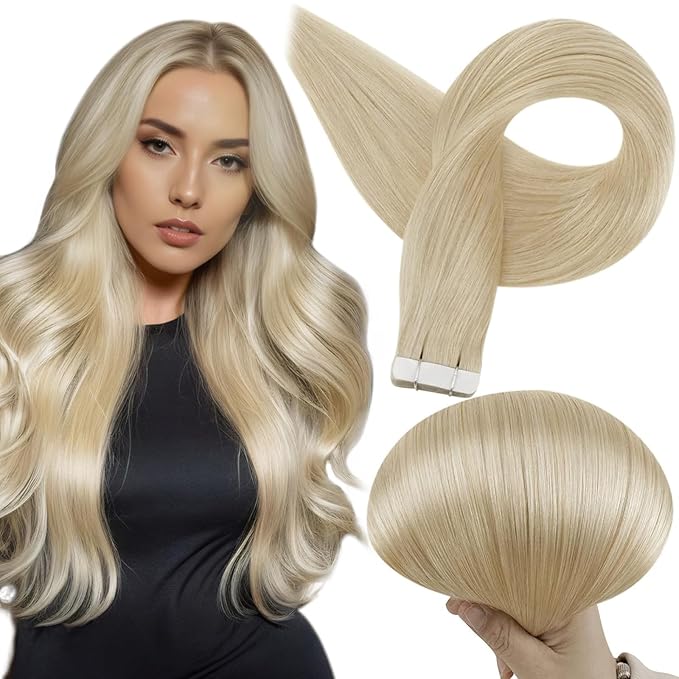 Full Shine Blonde Tape in Hair Extensions 16 Inch Tape in Human Hair Extensions Color 613 Blonde Seamless PU Tapes in Extensions 50 Grams 20 Pieces Skin Weft Hair Invisible Remy Hair