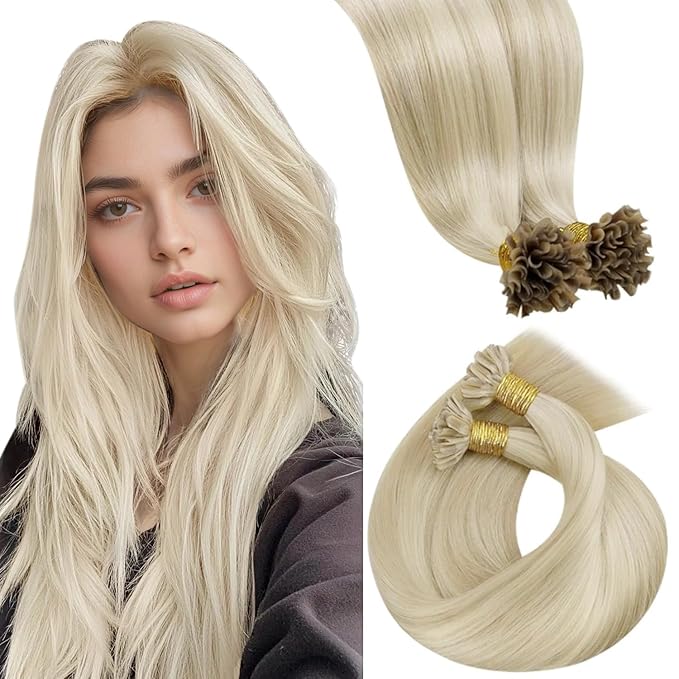 LaaVoo K Tip Hair Extensions Real Human Hair Bleach Blonde U tip Hair Extension Human Hair Hot Fusion Blonde KTip Human Hair Hair Extensions 20 inch 50g/50s