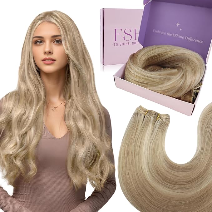 Fshine Hand Tied Weft Hair Extensions Human Hair Highlight Ash Blonde and Golden Blonde Weft Hair Extensions Soft and Light Weight Remy Hair Specially for Your Fashionable Hairstyle 24 Inch 100g