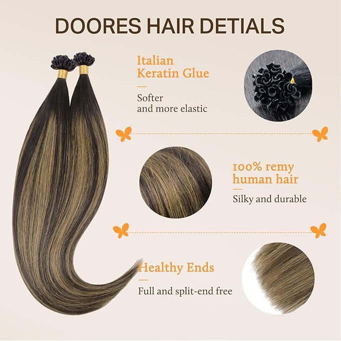 DOORES Utip Hair Extensions Human Hair, Chocolate Brown to Caramel Blonde 20 Inch 50g/50s, K Tip Hair Extensions Real Human Hair