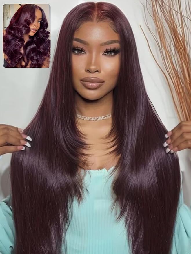 Sunber Black Cherry Layered Straight 13x4 Pre Cut Lace Front Wigs Human Hair Pre Everything Glueless Ready to Go Wig 180% Density Pre Plucked Pre Bleached Invisible Knots Burgundy Plum Straight 22Inch