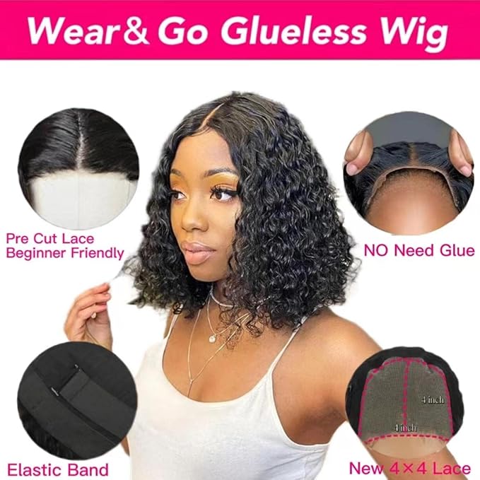 Glueless Wigs Human Hair Pre Plucked Pre Cut Deep Curly Lace Front Wigs Human Hair 4x4 Closure Wigs for Women 150% Density Wear and Go Glueless Wigs Human Hair for Beginners (12 Inch, Short Bob Wig)