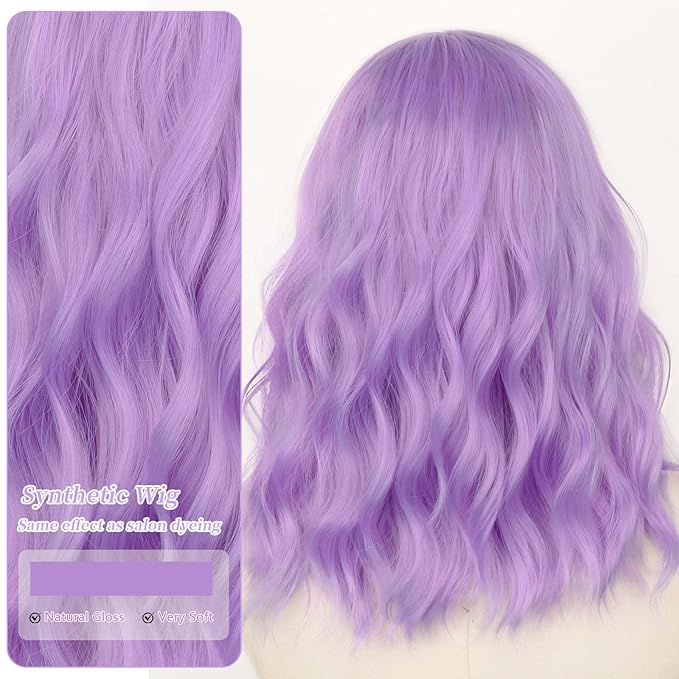 AISI HAIR 14 Inch Light Purple Wigs for Women - Shoulder Length Wave Wig with Pre-Cut Lace Hairline, Middle Part Natural Wavy Bob Synthetic Heat Resistant Fiber for Daily and Party
