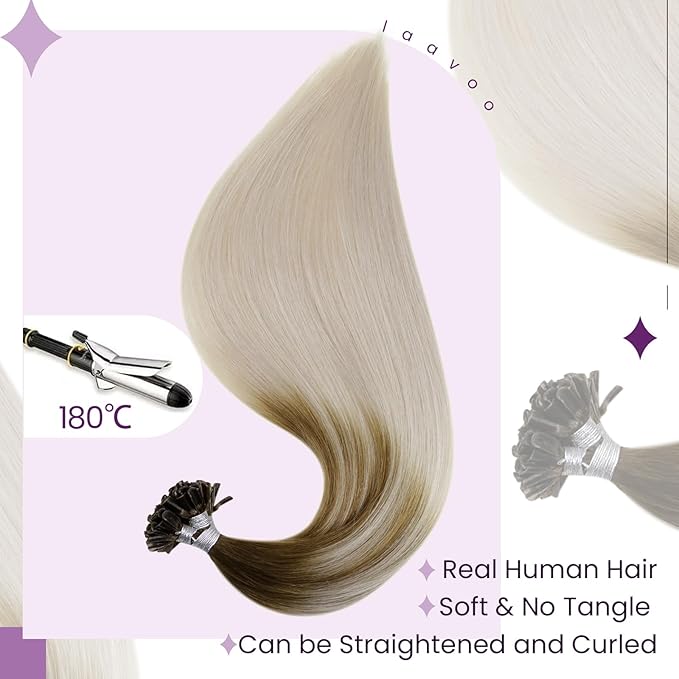 LaaVoo U Tip Hair Extensions Human Hair Light Brown Fading to Light Blonde Ombre Ktip Human Hair Extensions 18 inch 1g/1s 50set