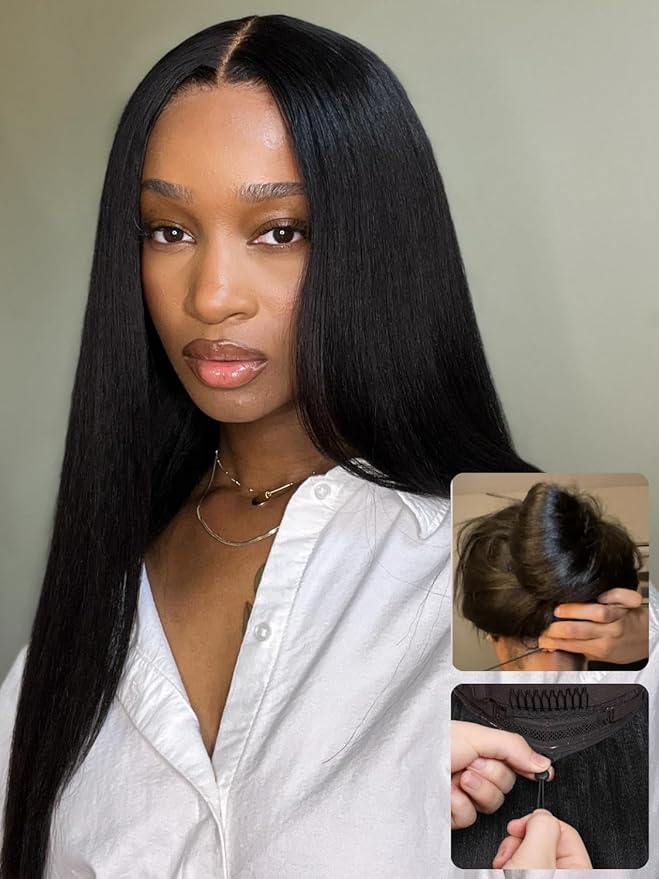 Nadula Bye Bye Knots Yaki Straight Glueless Wig Human Hair with Elastic Drawstring Pre Cut 7x5 Invisible Knots HD Lace Front Put on and Go Wigs Pre Everything Glueless Light Kinky Staight Wigs 20inch