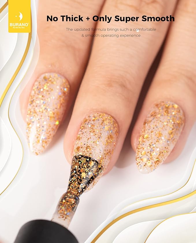 BURANO Glitter Gel Nail Polish, LED UV Nail Gel Shimmer Holographic Effect Soak off Gel Curing Required, No Chip Gel Polish Sparkle Gel Home DIY Nail Salon (Gold LP3)