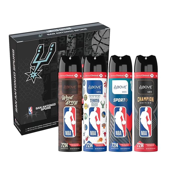 Above NBA – San Antonio Spurs Deodorant Gift Set – A Giftable Set for Spurs Fans – Antiperspirant Spray, 4 Signature Scents, 72h Protection, Dry Spray, No Stains – 5.07 oz, Pack of 4