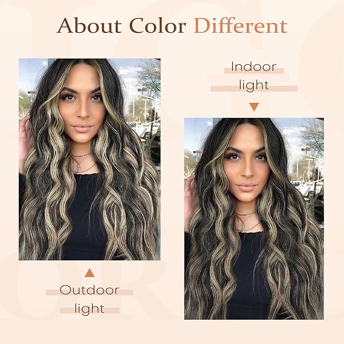 Vigorous Wavy Hair Extension for Women 4Pcs Black Mix Blonde Long Clip in Hair Extensions Soft Synthetic Hairpieces (24 inches, Black Mix Blonde)