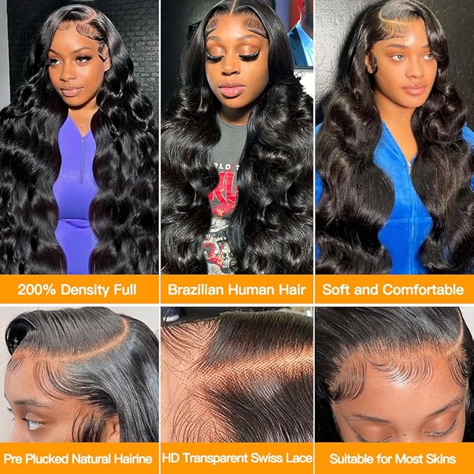 28 Inch Lace Front Wigs Human Hair 200 Density Body Wave Lace Front Wigs Human Hair Pre Plucked 13x4 HD Lace Frontal Glueless Wig for Women