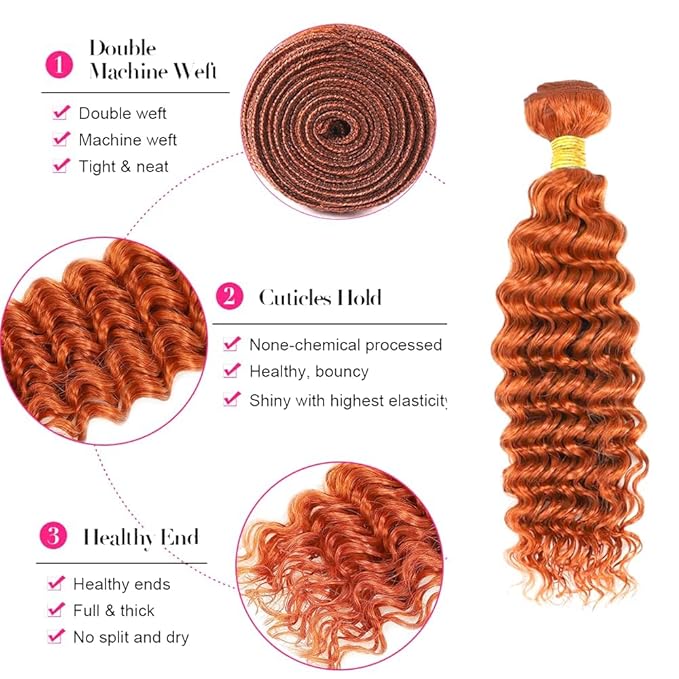 26 28 30 Inch Ginger Bundles Human Hair #350 Orange Deep Wave 3 Bundle Unprocessed Brazilian virgin hair Weave Extensions Double Weft 50 Grams/Bundle Colored Ginger Bundles for Woman