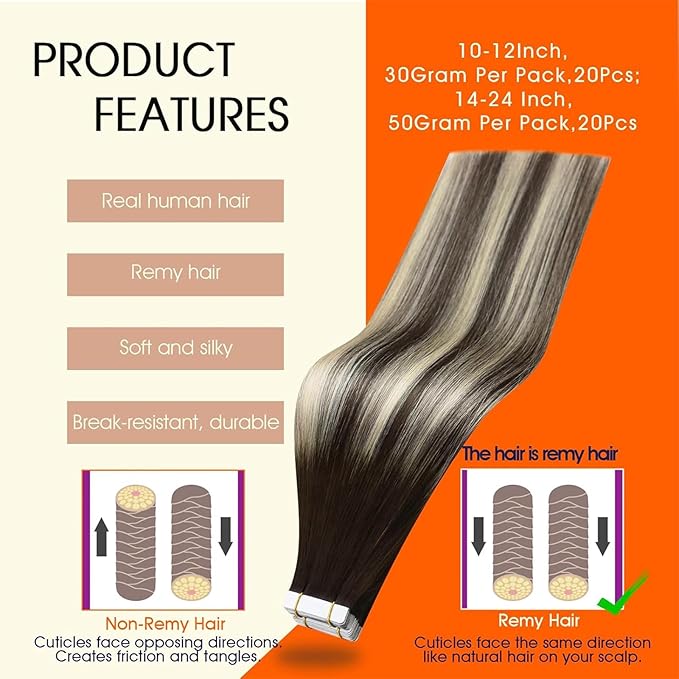 Full Shine Remy Tape in Hair Extensions Real Human Hair Color 2/60/2 Brown Ombre Blonde Highlight Brown Human Hair Extensions Tape in 20Inch Long Straight Hair Extension 50G 20Pcs