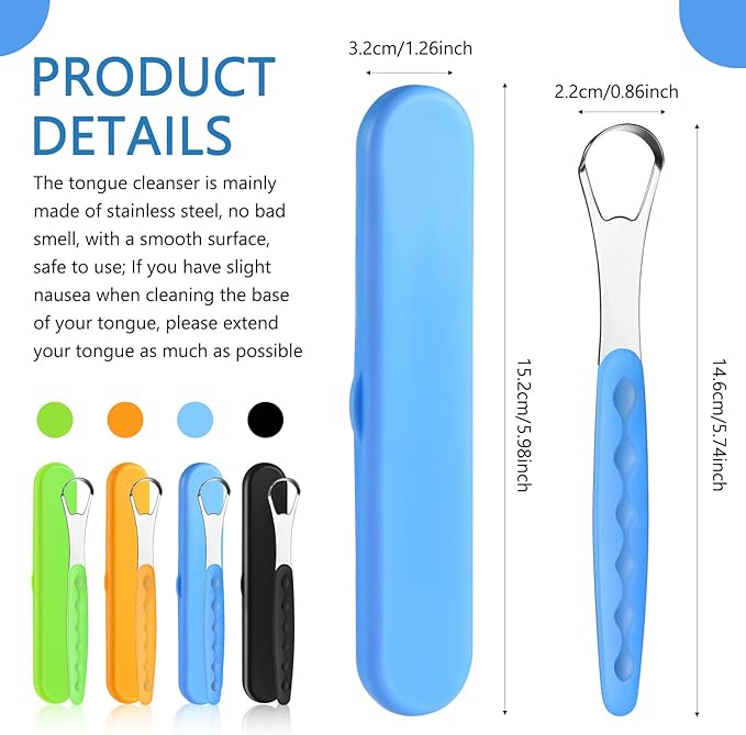 4 Pcs Tongue Scraper Cleaner Adults and Kids Stainless Steel Tongue Brush Metal Tongue Scraper Reduce Bad Breath with Travel Cases for Men Women Oral Mouth, Orange, Black, Green and Blue