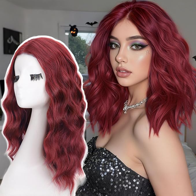 AISI HAIR Red Wig for Women Medium Length Wave Curly Glueless Synthetic Heat Resistant Hair Wigs for Daily Party Cosplay