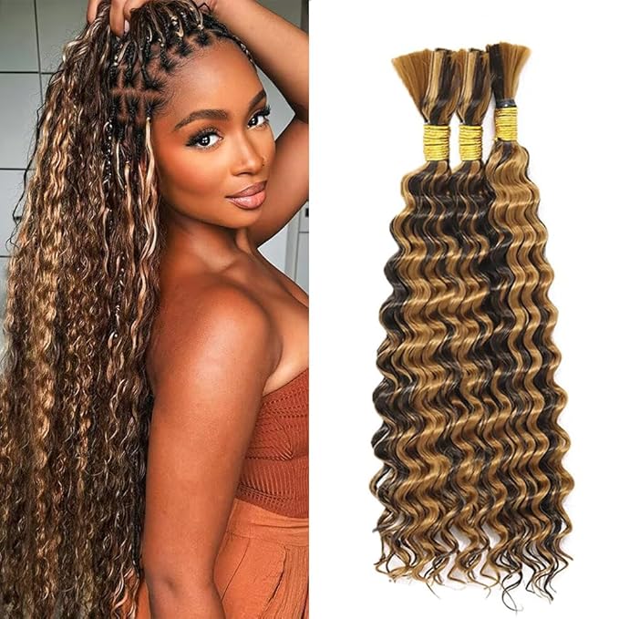 P427 Highlight Blonde Human Braiding Hair Deep Wave Bulk 28 28 28 Inch 150g/3 Bundles Light Honey Blonde Deep Wave Braids Human Hair Extensions