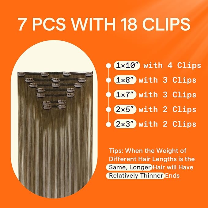 Full Shine Clip in Hair Extensions Ombre 20 Inch Chestnut Brown to Platinum Blonde Real Human Hair Extensions Clip ins Double Weft Clip in Extensions Remy Hair 7 Pcs 120 G