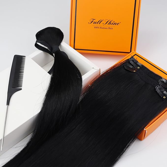 Full Shine Clip in Hair Extensions Black Women 10 Inch Lacer Clip in Hair Extensions Jet Black Real Human Hair Remy Hair Extensions Straight for Thin Hair Natural Hair Extensions 3 Pcs 60 Grams
