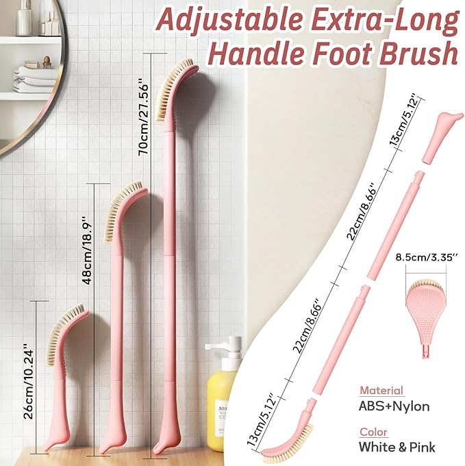 New Foot Brush with Extra-Long Handle, 3-in-1 Foot Scrubber for Wet or Dry Brushing, Adjustable 10.2’’- 27.5’’Foot Scrub Brush for Senior, Pregnant, Disabled, or Injured, Gift-Box Packed(Pink)