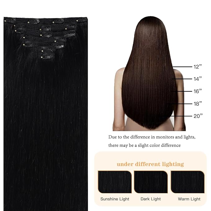 Black Clip in Human Hair Extensions 14 Inch Clip In Hair Extensions Lace Weft Real Human Hair Natural Black Brazilian Hair Clip in Extensions Silky Straight Remy Human Hair 7pcs 105g