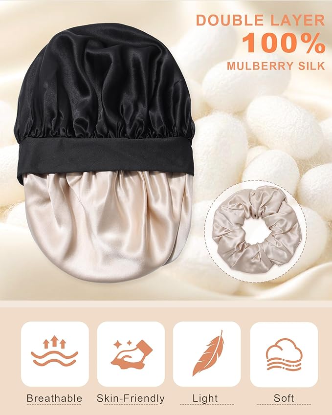 Mulberry Silk Bonnet Sleeping Women Curly Hair Bonnets Tie Band Double Layer Reversible Sleep Bonnet Silk Hair Wrap Sleep Cap