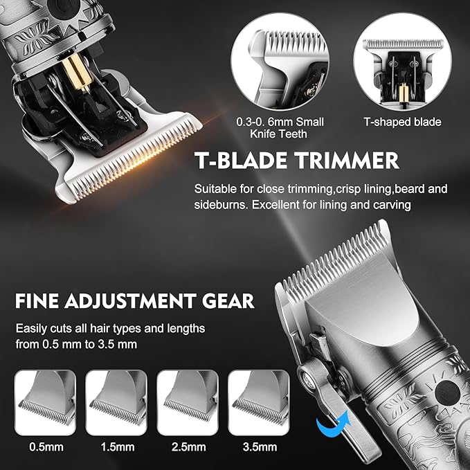 Pro Hair Clippers for Men,Hair Clippers+T-Blade Trimmer+Electric Shaver+Nose Hair Trimmer +6D Electric Head Shaver Set,5 in 1 Cordless Barber Hair Cutting Kit LCD Display Gifts