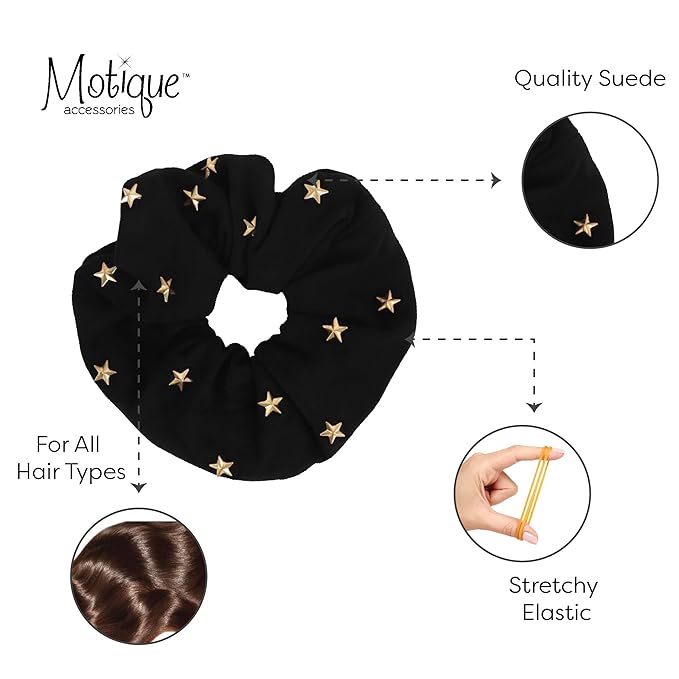 Large Suede Scrunchie with Hearts and Stars (Black Gold Stars)